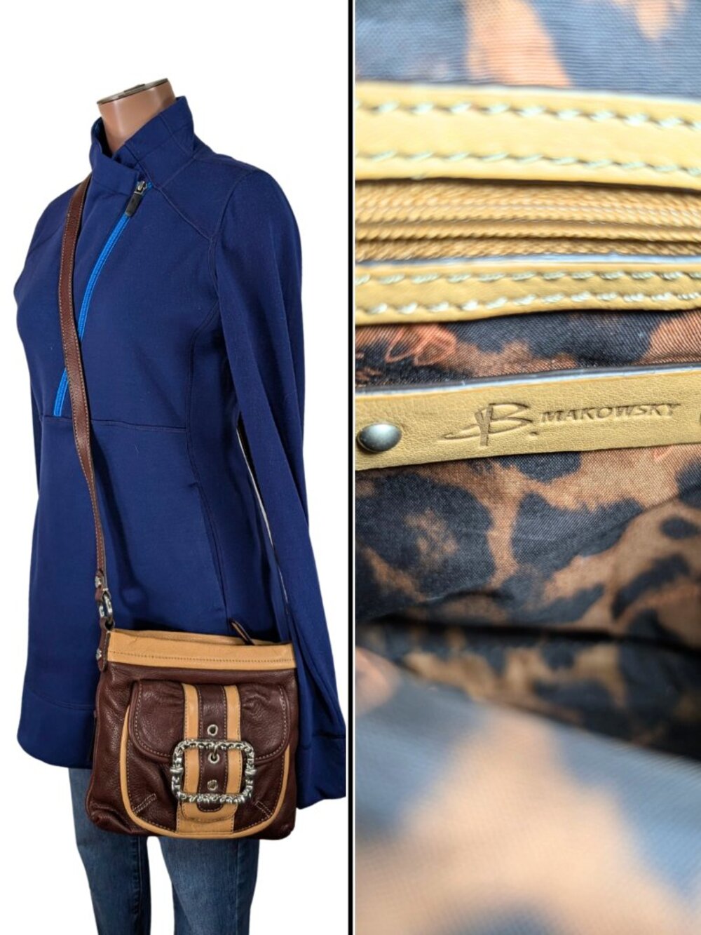 b.makowsky Brown Tan Leather Color Block Chunky Buckle Zip Crossbody w/Pockets - Picture 11 of 11